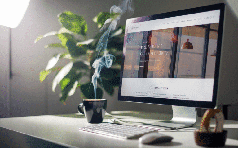 Ordinateur moderne sur bureau minimaliste affichant un site vitrine professionnel, entouré de plante verte et tasse de café, éclairé par une lumière douce.