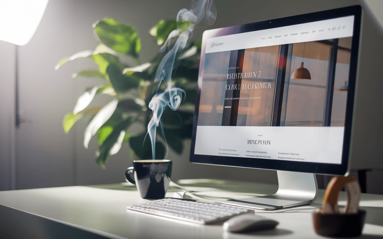Ordinateur moderne sur bureau minimaliste affichant un site vitrine professionnel, entouré de plante verte et tasse de café, éclairé par une lumière douce.