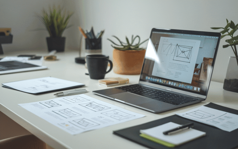 Image d'un bureau moderne vu de dessus, présentant un ordinateur portable avec une page web en développement, entouré de notes papier et croquis illustrant la création site vitrine, accompagné d'un stylo, d'une tasse de café et d'une plante, en 2025.