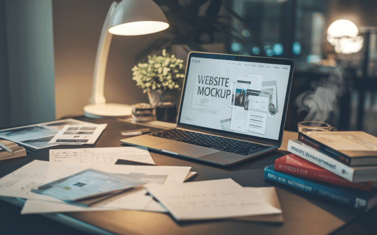 Table de travail moderne avec ordinateur affichant une maquette de site web, notes, croquis, livres sur le développement web et café fumant, illustrant le processus de création site vitrine.