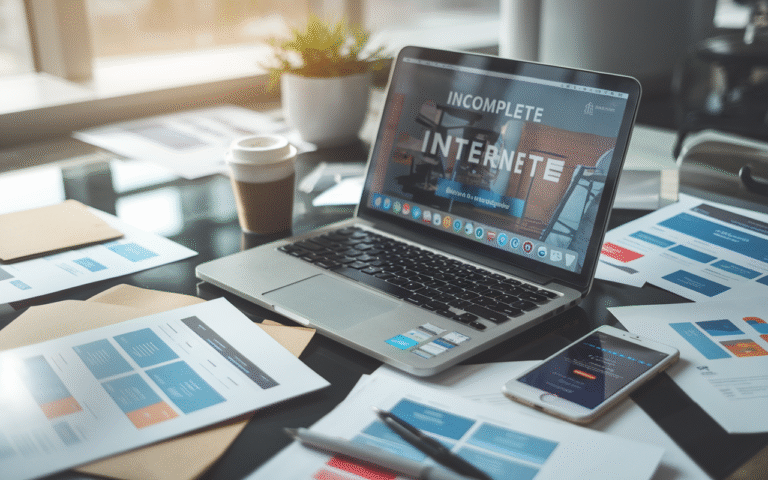 Bureau moderne avec ordinateur portable montrant une page Internet incomplète, cahiers de croquis de sites web et smartphone affichant une alerte d'erreur, créant une ambiance studieuse pour la creation site vitrine.
