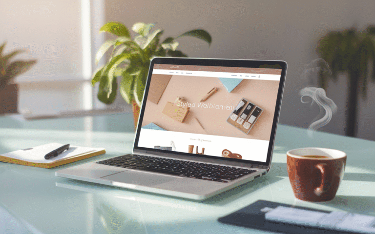 Ordinateur portable présentant un site vitrine stylisé sur un bureau moderne, symbolisant la création site vitrine avec ambiance professionnelle et élégante.