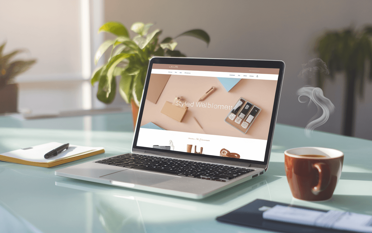 Ordinateur portable présentant un site vitrine stylisé sur un bureau moderne, symbolisant la création site vitrine avec ambiance professionnelle et élégante.