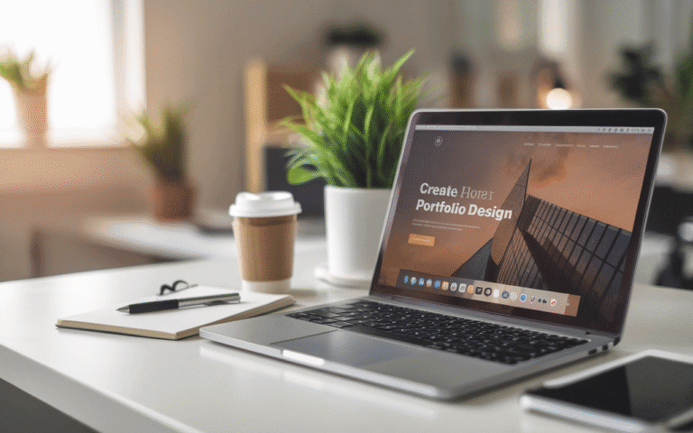 Bureau moderne montrant un ordinateur portable ouvert sur une maquette de création site vitrine, entouré d'un carnet, d'un stylo, d'une plante verte et d'une tasse de café pour une ambiance professionnelle et inspirante.
