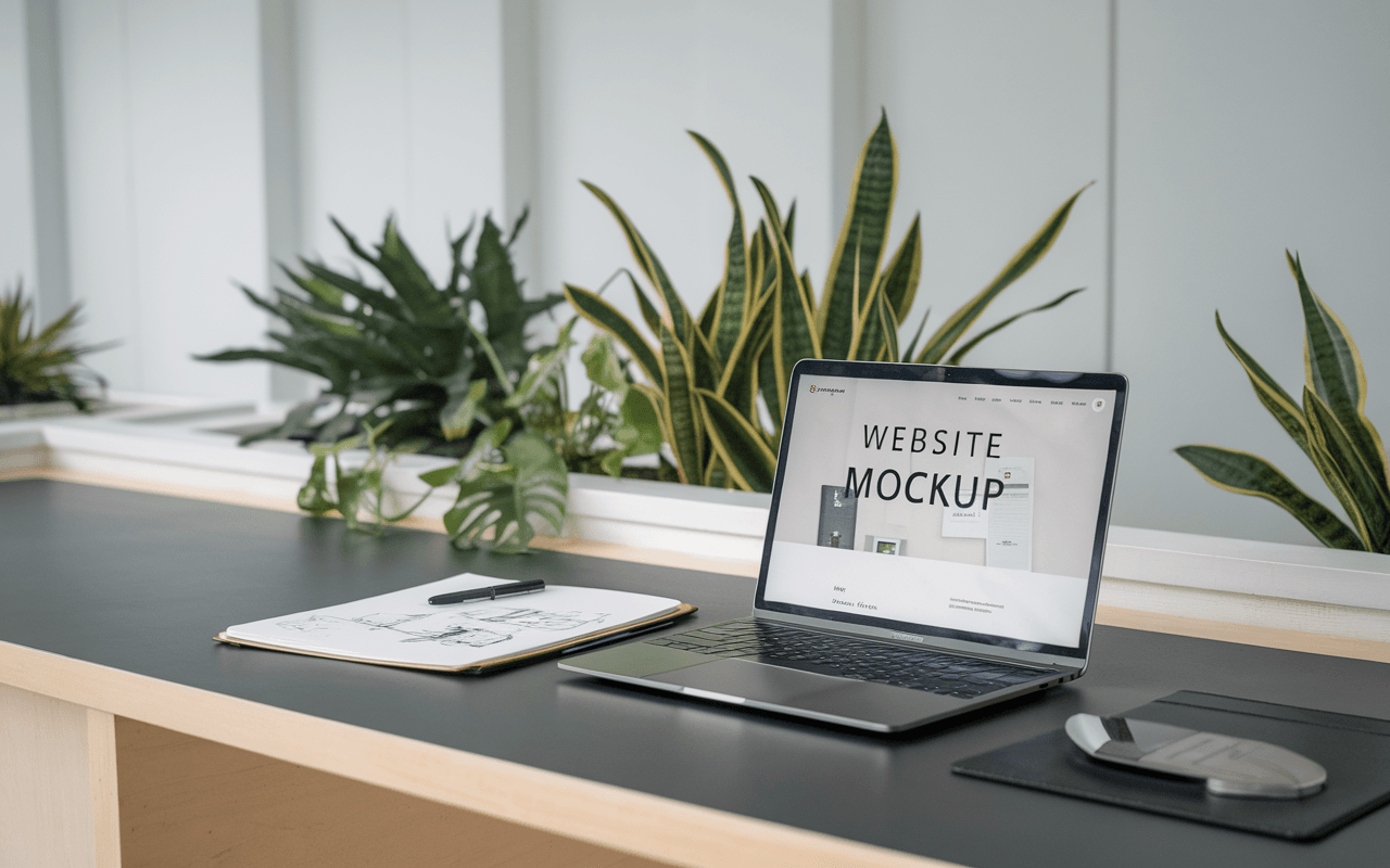 Bureau moderne avec ordinateur affichant une maquette de création site vitrine, carnet de notes avec croquis de design, stylos et plantes d'intérieur, ambiance professionnelle.