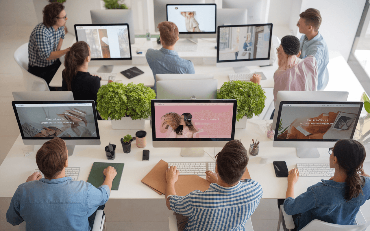 Vue aérienne d'un bureau moderne où des professionnels du web design collaborent autour d'écrans d'ordinateur affichant des créations de sites vitrines.