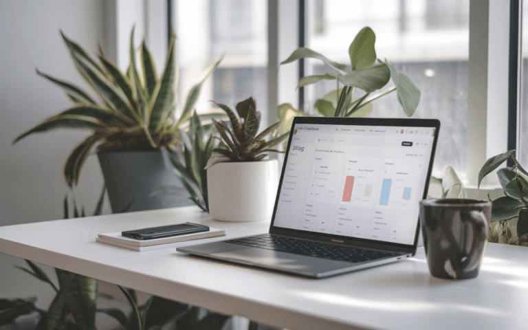 Espace de bureau moderne avec un ordinateur affichant des statistiques de blogs, entouré d'accessoires tendance et de plantes, baigné par une lumière naturelle inspirante.