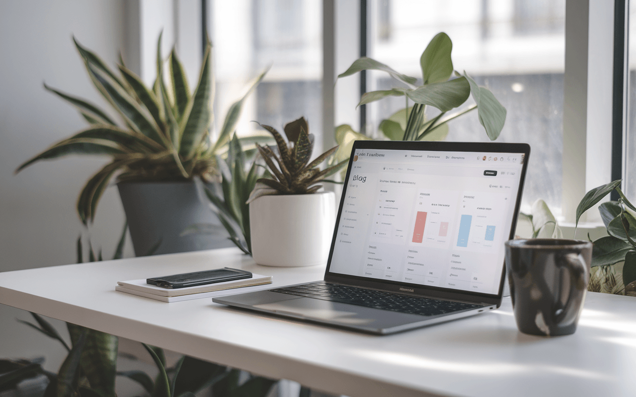 Espace de bureau moderne avec un ordinateur affichant des statistiques de blogs, entouré d'accessoires tendance et de plantes, baigné par une lumière naturelle inspirante.