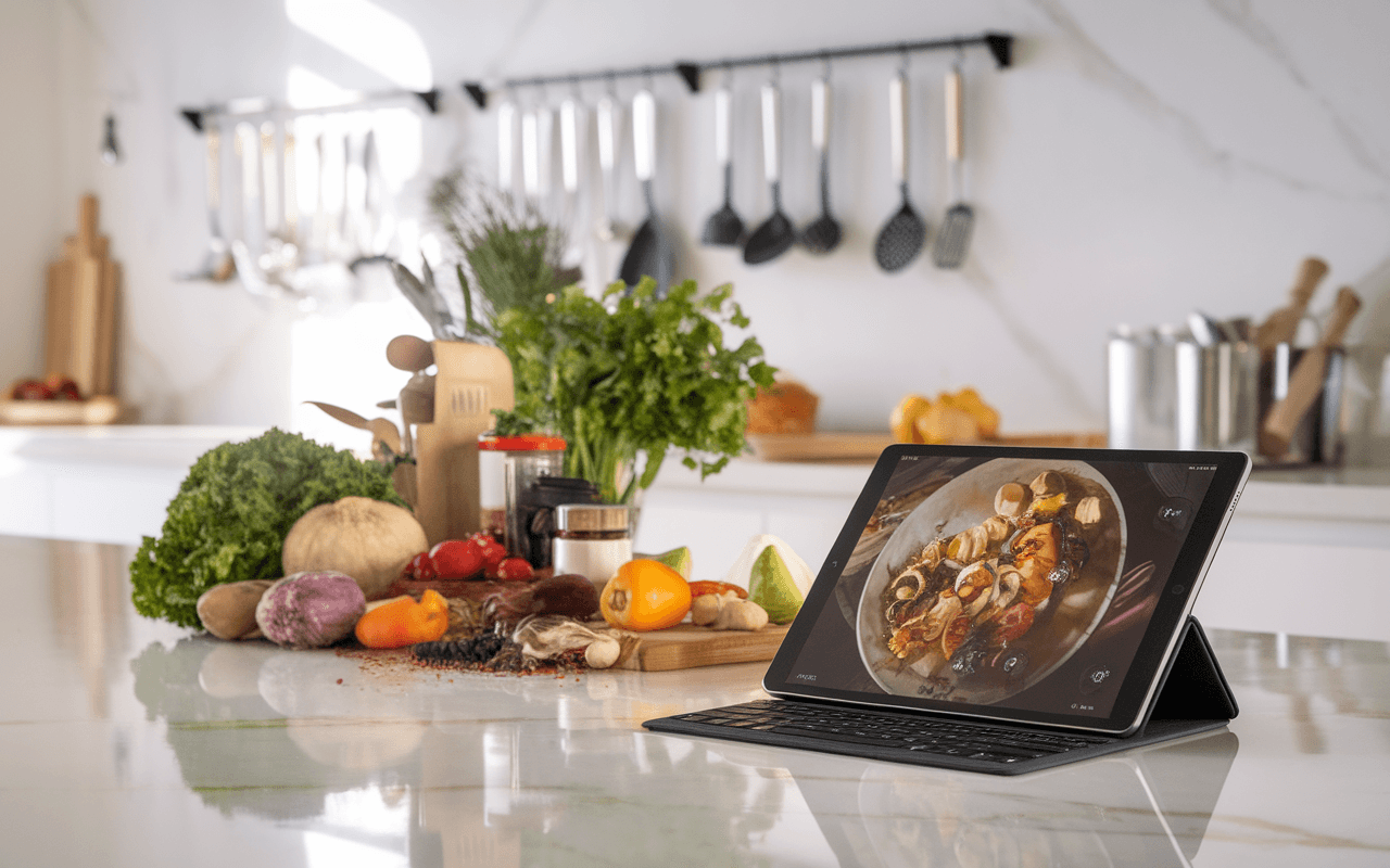 Cuisine moderne lumineuse avec comptoir en marbre, tablette affichant une recette culinaire, ingrédients frais et colorés, ambiance idéale pour les blogs.