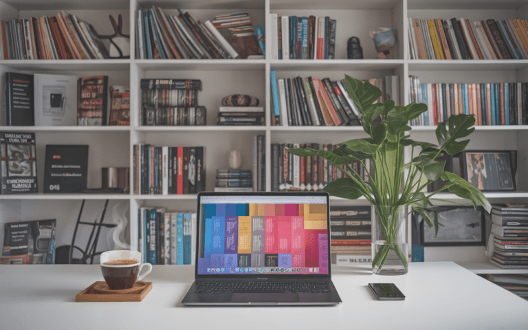 Bureau moderne avec ordinateur affichant un blog coloré, tasse de café, bibliothèque remplie de livres sur les blogs, et plante verte, symbolisant la diversité et l'évolution des blogs à suivre en 2025.