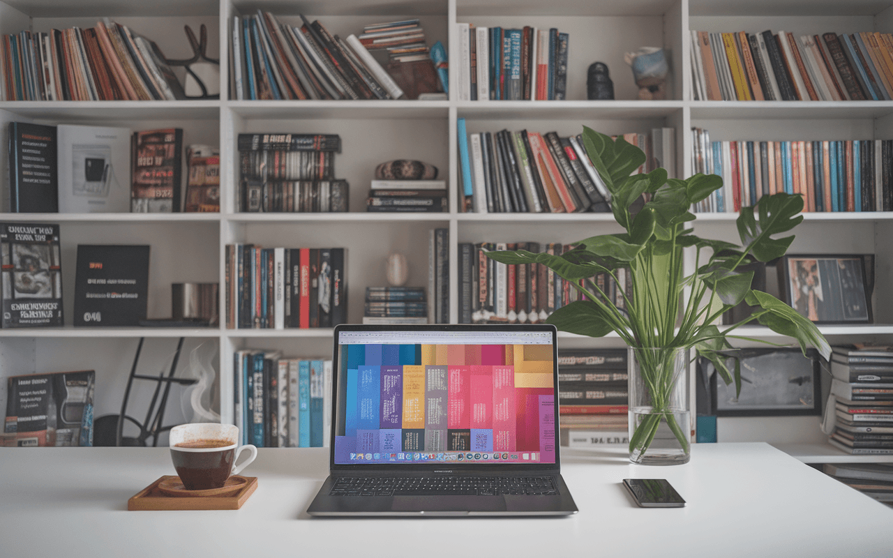 Bureau moderne avec ordinateur affichant un blog coloré, tasse de café, bibliothèque remplie de livres sur les blogs, et plante verte, symbolisant la diversité et l'évolution des blogs à suivre en 2025.