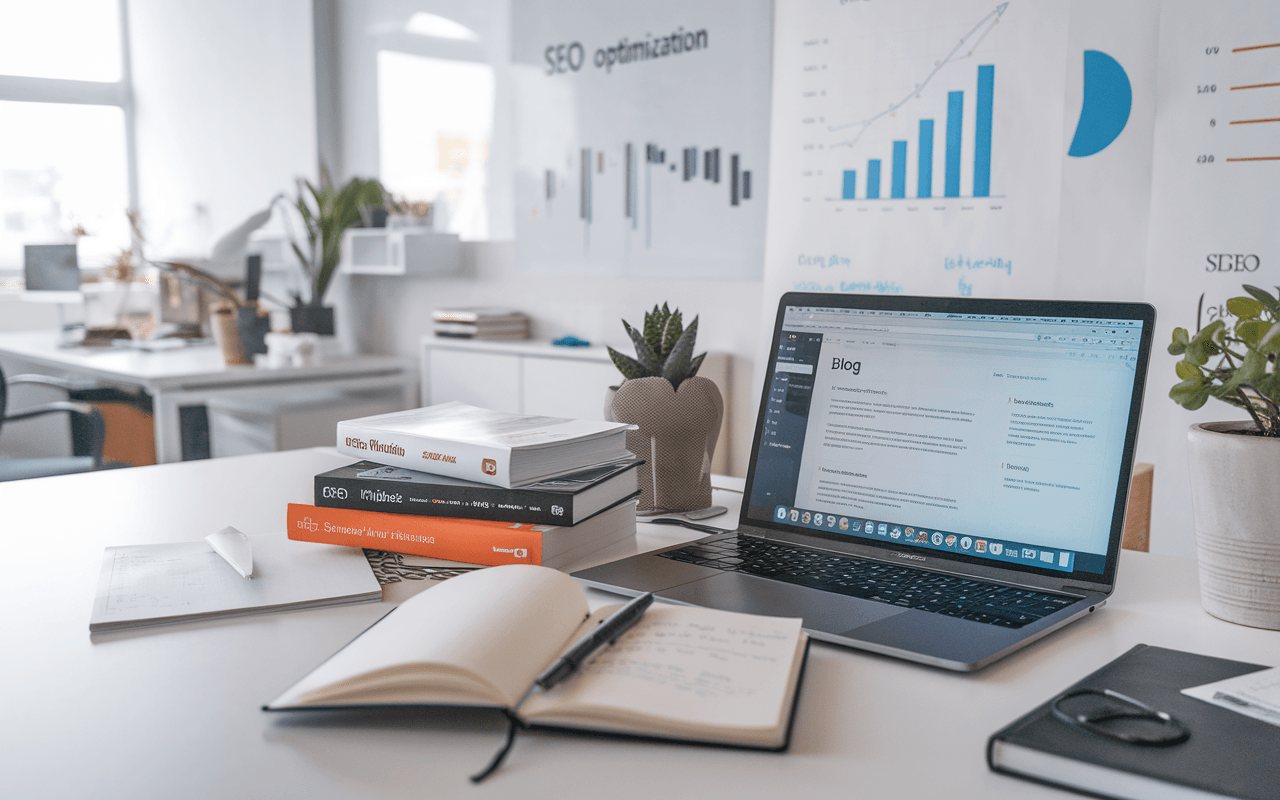 Bureau moderne avec ordinateur portable affichant un blog, entouré de livres sur le SEO et notes manuscrites, avec un tableau blanc montrant des schémas SEO et graphiques de croissance, illustrant les stratégies pour optimiser les blogs.