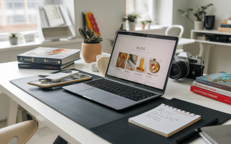 Bureau moderne avec un ordinateur portable affichant un site de blogs, entouré d'accessoires de cuisine, appareil photo et livres de voyage, carnet d'idées de blog.