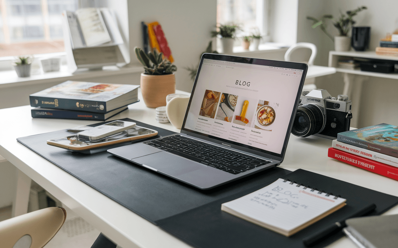 Bureau moderne avec un ordinateur portable affichant un site de blogs, entouré d'accessoires de cuisine, appareil photo et livres de voyage, carnet d'idées de blog.