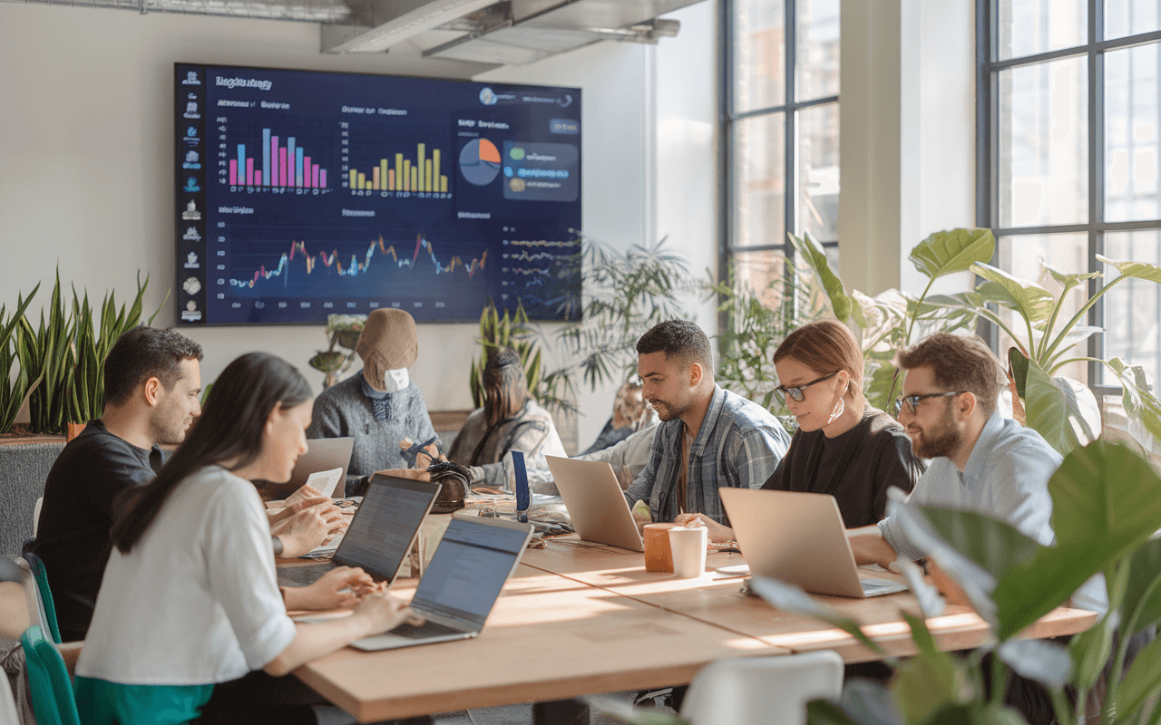 Un open space moderne et lumineux avec des collaborateurs diversifiés utilisant des ordinateurs portables, un écran mural affichant des graphiques sur les tendances des blogs et l'engagement en ligne, et des plantes vertes pour une atmosphère productive.