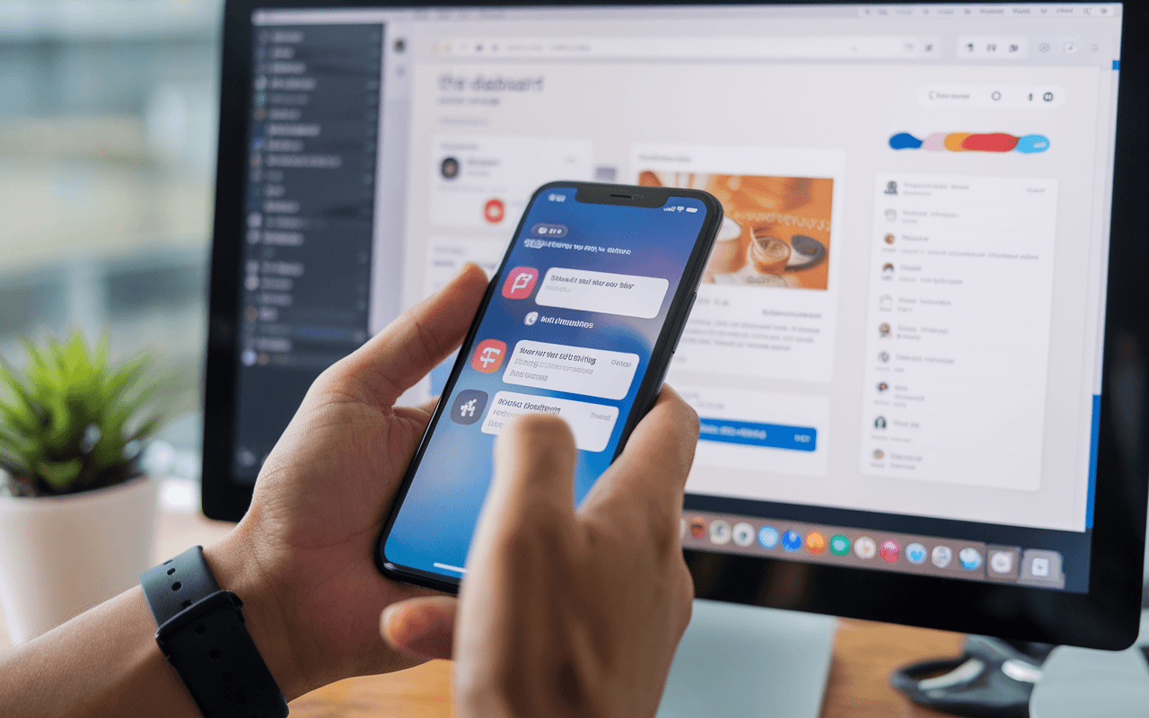 Smartphone affichant des notifications sur une appli sociale, ordinateur en arrière-plan avec tableau de bord des blogs montrant la hausse des visiteurs, ère numérique 2025.
