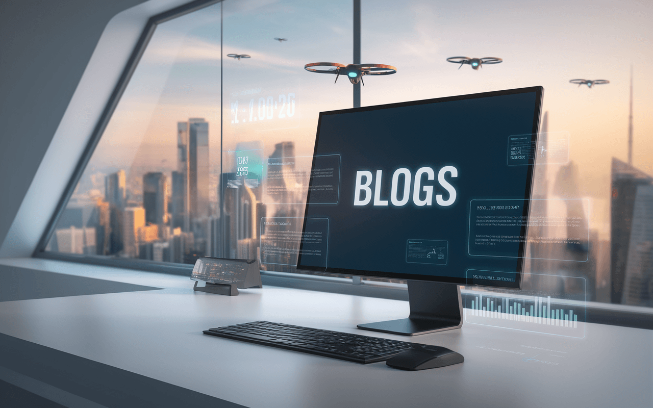 Écran d'ordinateur moderne avec hologrammes de statistiques, symbolisant l'avenir des blogs en 2025, sur fond de ville high-tech et drones.
