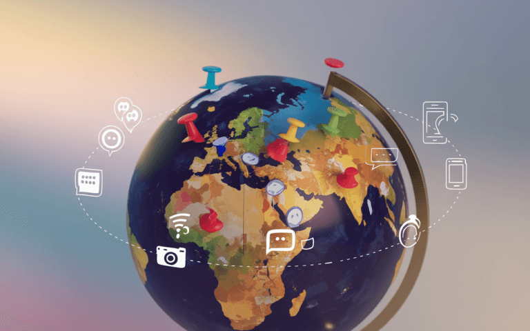 Globe terrestre moderne avec épingles de voyage, icônes numériques symbolisant les blogs de voyage en 2025, fond dégradé futuriste.