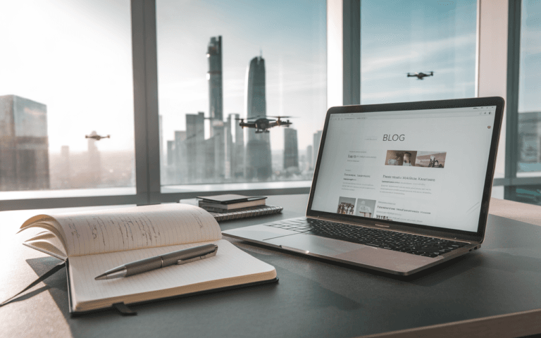 Bureau moderne avec ordinateur affichant un blog, carnet et ville futuriste en arrière-plan, illustrant pourquoi créer un blog en 2025.