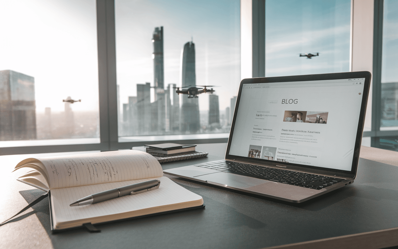 Bureau moderne avec ordinateur affichant un blog, carnet et ville futuriste en arrière-plan, illustrant pourquoi créer un blog en 2025.