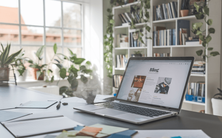 Bureau à domicile moderne avec ordinateur portable affichant un blog, renforçant l'idée de pourquoi créer un blog est crucial en 2025, entouré de notes manuscrites, tasse de café et lumière naturelle inspirante.