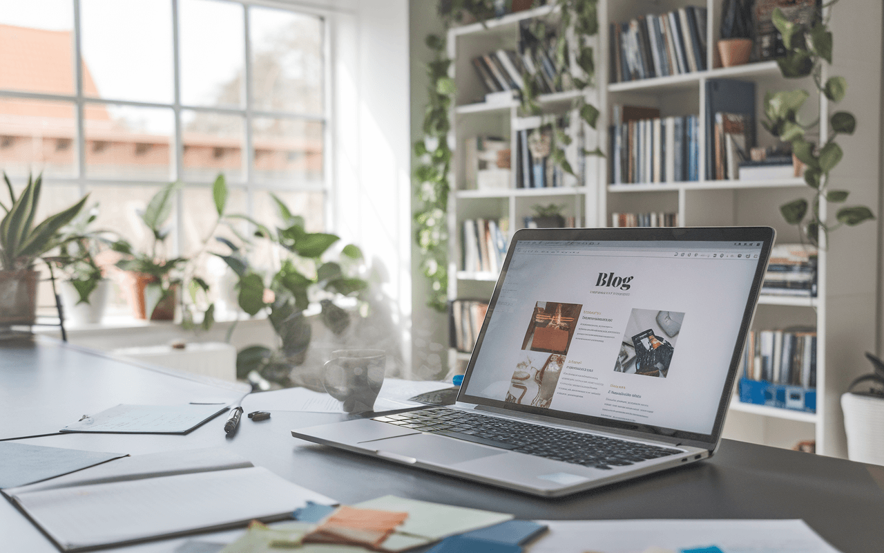 Bureau à domicile moderne avec ordinateur portable affichant un blog, renforçant l'idée de pourquoi créer un blog est crucial en 2025, entouré de notes manuscrites, tasse de café et lumière naturelle inspirante.