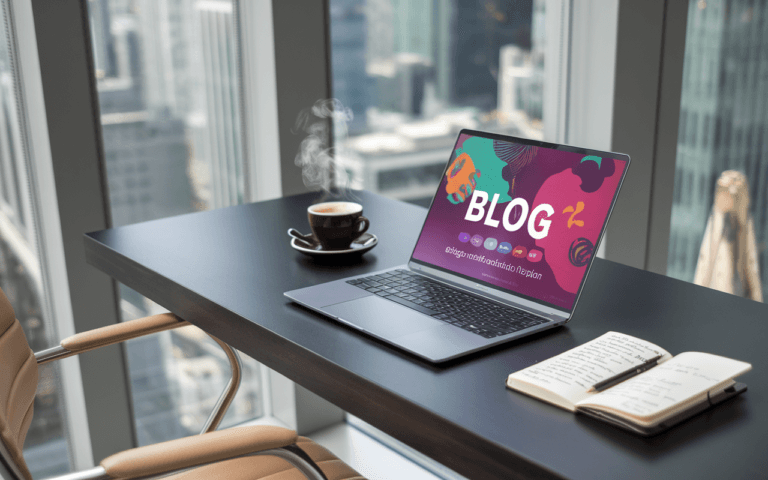 Espace de travail professionnel moderne avec un ordinateur portable affichant une interface de blog, illustrant pourquoi créer un blog peut transformer une carrière, avec une vue sur une ville animée et un carnet d'idées inspirantes.