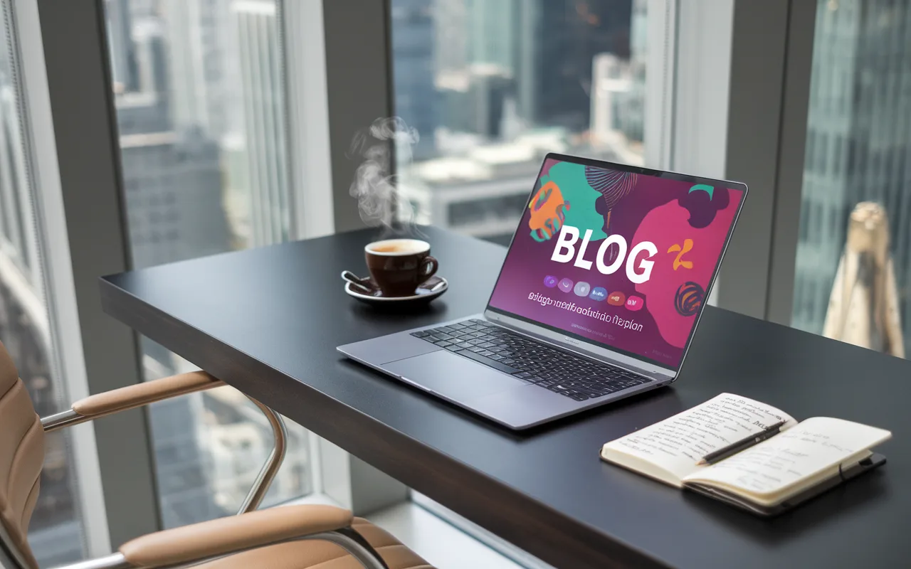 Espace de travail professionnel moderne avec un ordinateur portable affichant une interface de blog, illustrant pourquoi créer un blog peut transformer une carrière, avec une vue sur une ville animée et un carnet d'idées inspirantes.