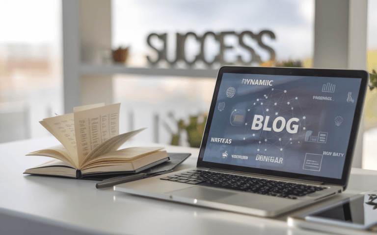 Pourquoi créer un blog - Bureau moderne et épuré avec un ordinateur portable affichant un blog, carnet de notes et stylo pour la planification des idées, plaque