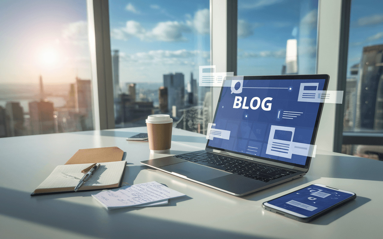 Bureau moderne avec ordinateur portable affichant une interface de blog, symbolisant pourquoi créer un blog est essentiel pour les entreprises en 2025, avec accessoires contemporains et vue sur une ville futuriste.
