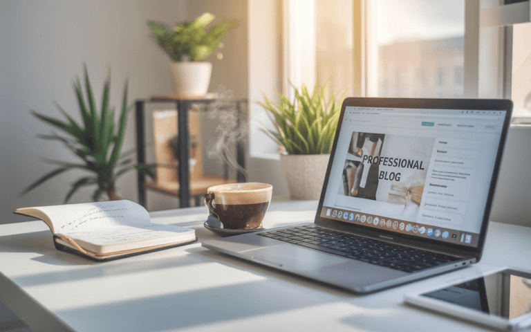Bureau moderne montrant un blog professionnel sur ordinateur, illustrant pourquoi créer un blog est essentiel pour la marque personnelle en 2025.