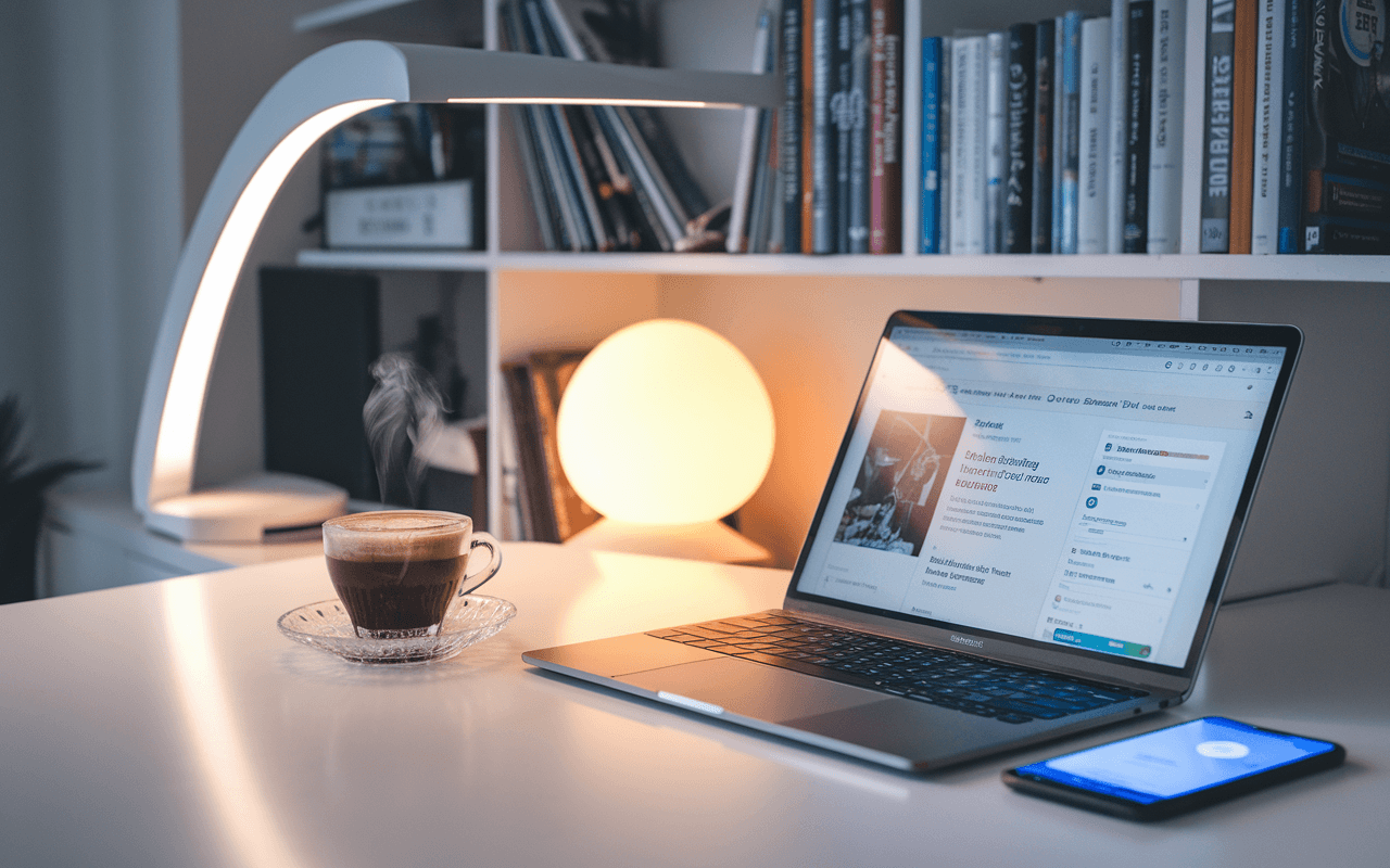 Bureau moderne avec ordinateur affichant un blog, tasse de café, livres sur le marketing digital, smartphone montrant l'engagement social, illustrant pourquoi créer un blog en 2025.
