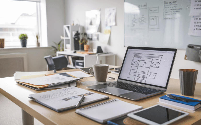 Image d'un bureau moderne avec un ordinateur portable ouvert sur une page web en construction, entouré de cahiers de croquis de sites web, une tasse de café et des stylos, illustrant le processus de création et le prix d'un site internet vitrine.