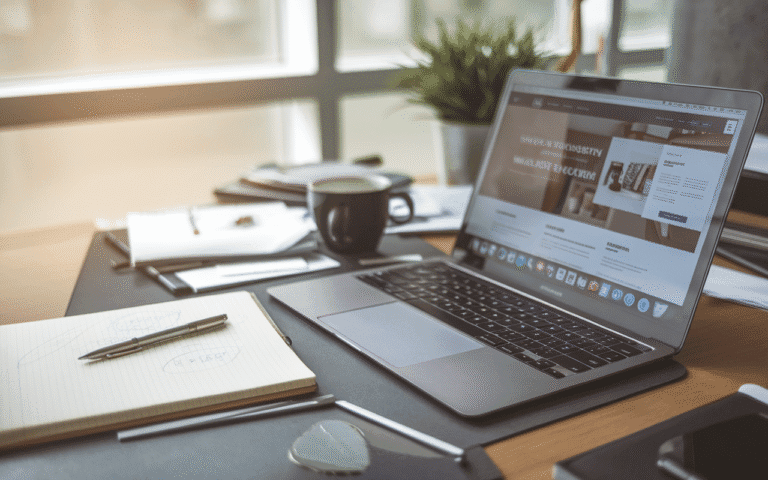Bureau moderne avec ordinateur portable affichant un design de site internet en création, évoquant le prix d'un site internet vitrine. Carnet de notes et tasse de café sur le bureau, éclairés par une douce lumière naturelle.