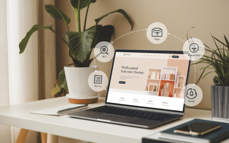 Écran d'ordinateur affichant une page web de site internet vitrine professionnel sur un bureau moderne, entouré d'éléments représentant des services en ligne, tels que SEO, design et sécurité, illustrant le thème du