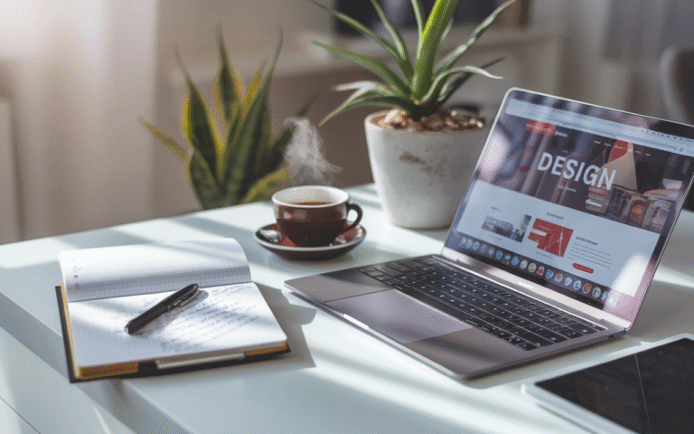 Bureau moderne avec un ordinateur portable montrant la conception d'un site web, carnet d'idées, café, et plante, idéal pour réfléchir au prix site internet.