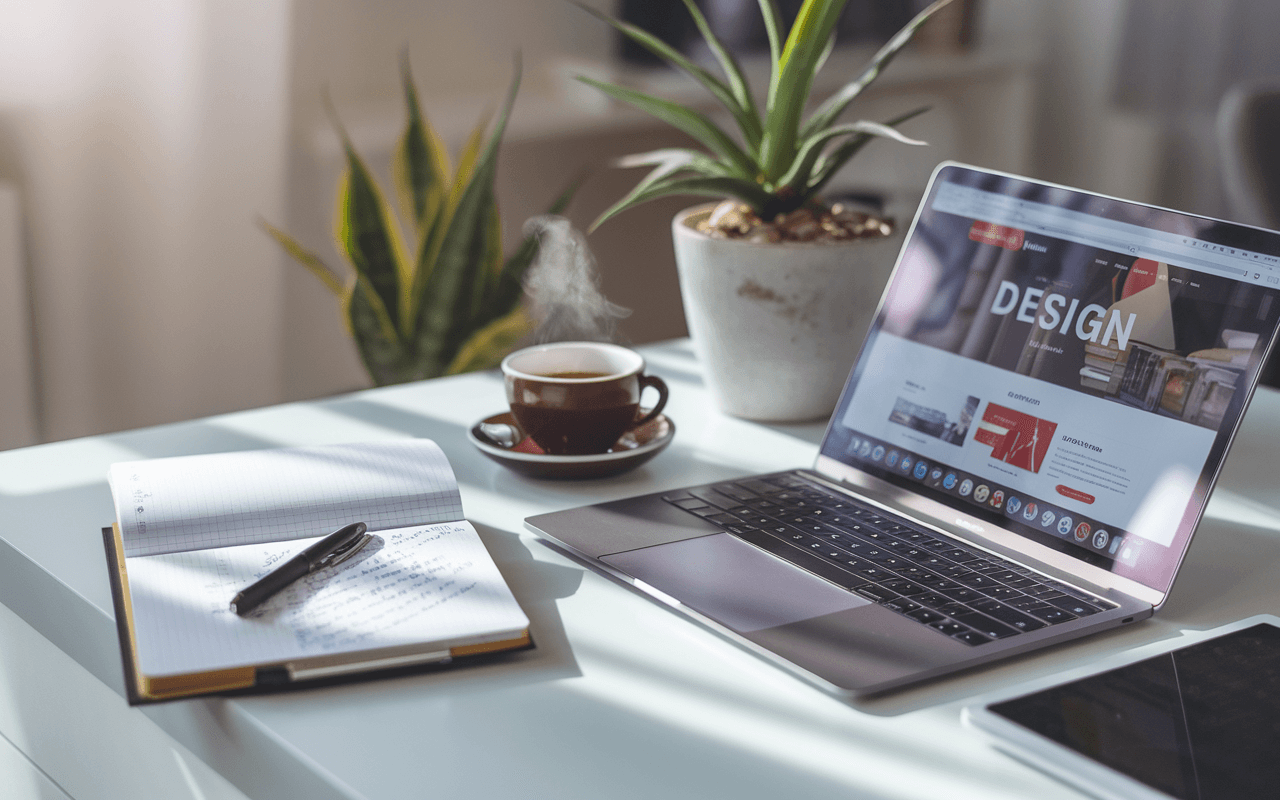 Bureau moderne avec un ordinateur portable montrant la conception d'un site web, carnet d'idées, café, et plante, idéal pour réfléchir au prix site internet.