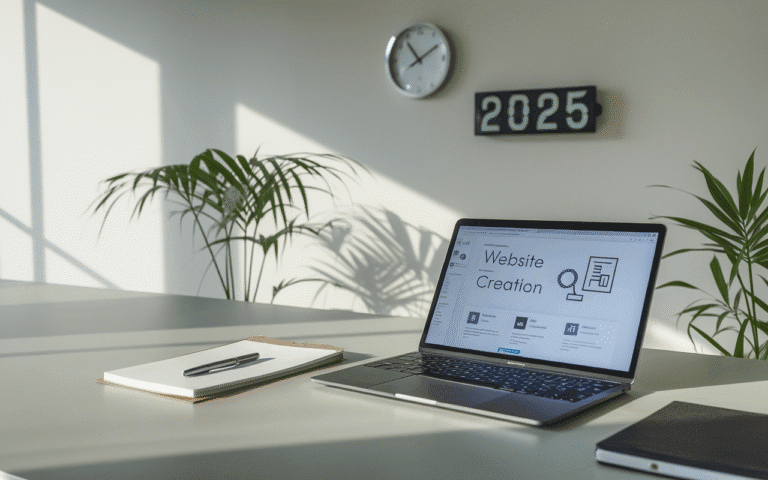 Bureau moderne avec un ordinateur portable montrant une interface de création de site web, un carnet de notes et un stylo pour la planification du prix site internet, horloge murale indiquant 2025, plante verte en arrière-plan.