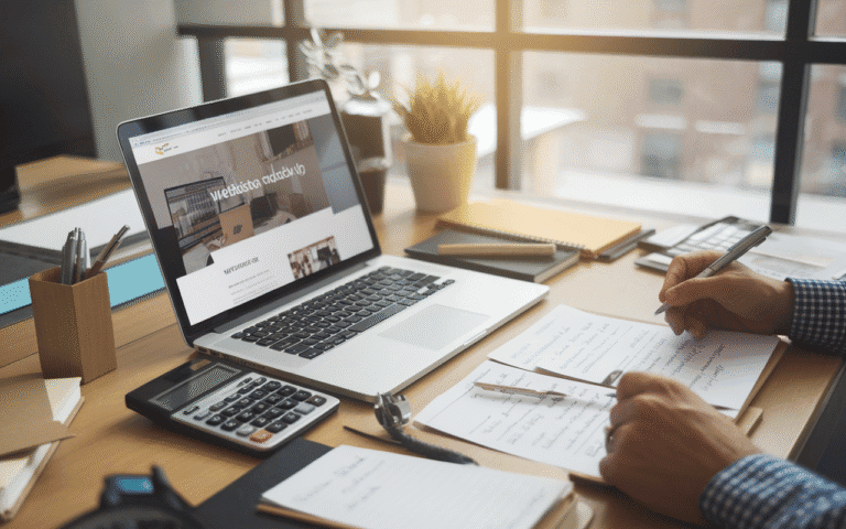 Image d'un bureau moderne avec ordinateur portable affichant une maquette de site web, accessoires de bureau tels qu'un carnet, un stylo, une tasse de café, et une calculatrice avec des notes manuscrites, illustrant l'évaluation des prix site internet pour les PME.