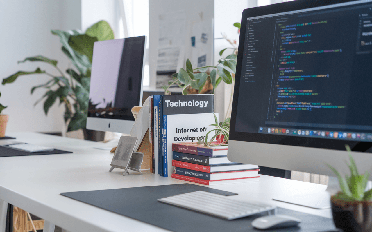 Bureau moderne avec écran affichant code et graphiques, symbolisant développement web, entouré de livres et plantes vertes, représentant l'innovation dans le prix site internet.