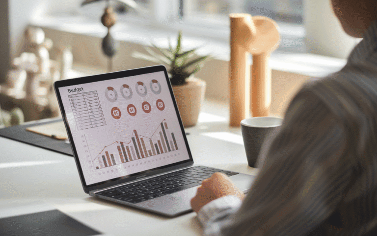 Scène de bureau moderne avec une personne consultant un ordinateur portable affichant un tableau de coûts de site internet et des alertes en rouge, soulignant les erreurs à éviter pour le prix site internet, entourée d'une décoration minimaliste et d'une tasse de café.
