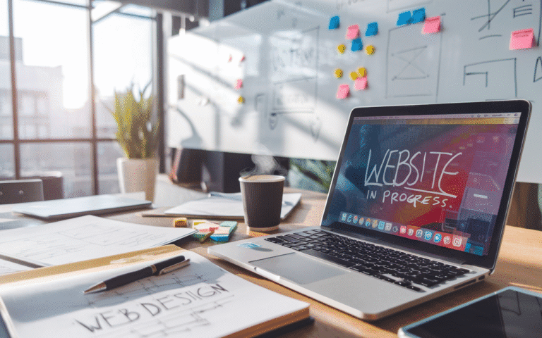Développement de site internet moderne avec croquis de conception, tableau stratégique et ambiance lumineuse, reflétant l'aspect créatif du prix site internet.