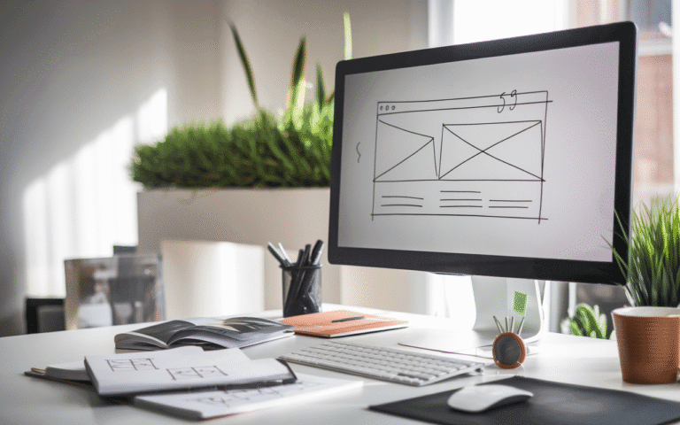 Illustration d'un écran d'ordinateur sur un bureau moderne avec une page web minimaliste, carnet de croquis, stylos, tasse de café et plante verte, symbolisant la créativité pour concevoir un site vitrine.