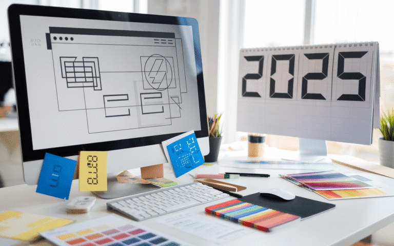 Écran d'ordinateur affichant une maquette de site vitrine minimaliste, entouré d'outils de web design et d'un calendrier projetant l'année 2025, symbolisant créativité et innovation.