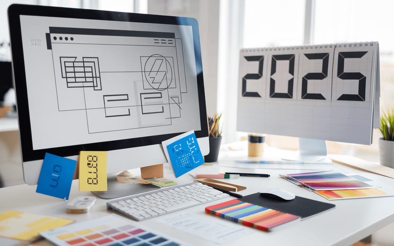 Écran d'ordinateur affichant une maquette de site vitrine minimaliste, entouré d'outils de web design et d'un calendrier projetant l'année 2025, symbolisant créativité et innovation.