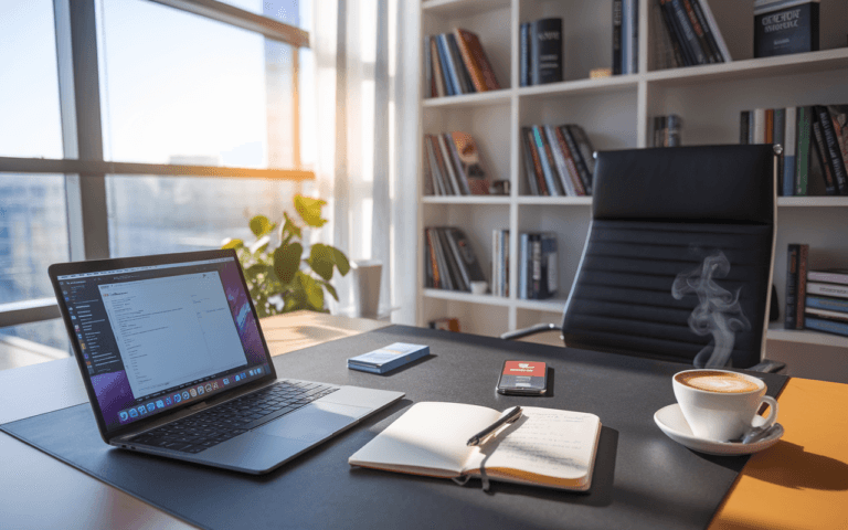 Bureau moderne inspirant la productivité d'un rédacteur contenu web, avec ordinateur portable et outils d'écriture.