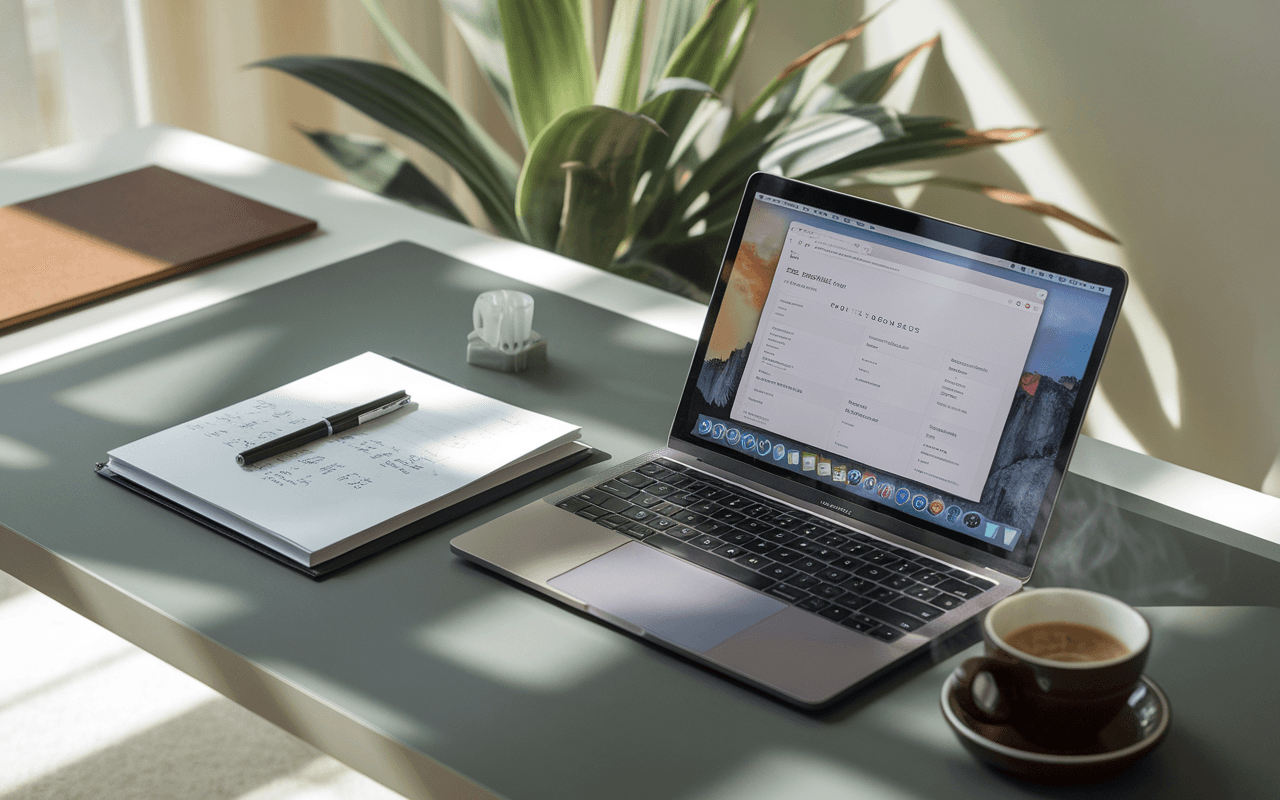 Bureau de rédacteur contenu web avec ordinateur portable, carnet de notes, stylo et café, offrant une ambiance professionnelle.