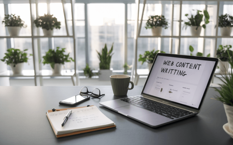 Bureau moderne avec ordinateur affichant une page de rédaction de contenu web, carnet de notes, smartphone, lunettes et café, idéal pour un rédacteur contenu web.