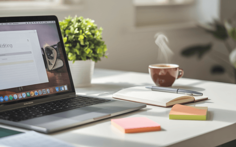 Bureau moderne minimaliste avec ordinateur portable, carnet, stylo, et tasse de café idéal pour un rédacteur contenu web.