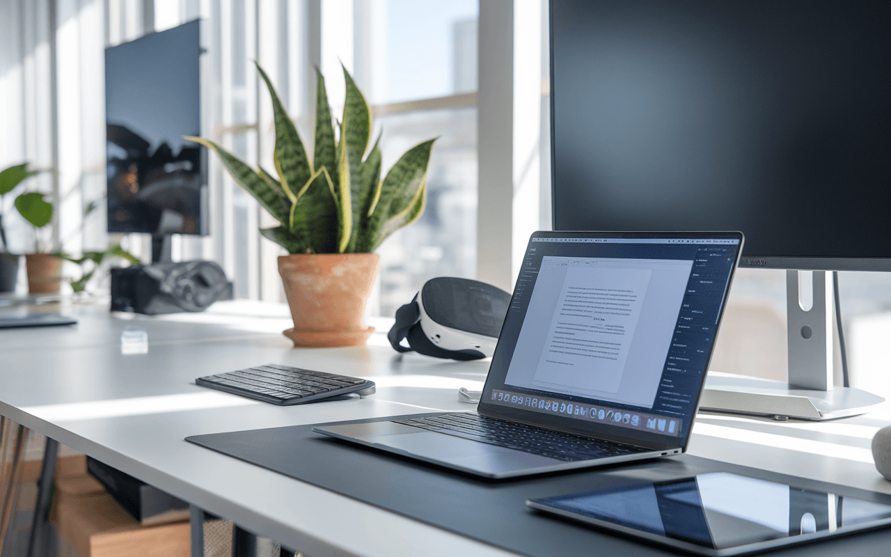 Espace de travail moderne avec gadgets futuristes pour inspire la créativité dans la rédaction de contenu web.